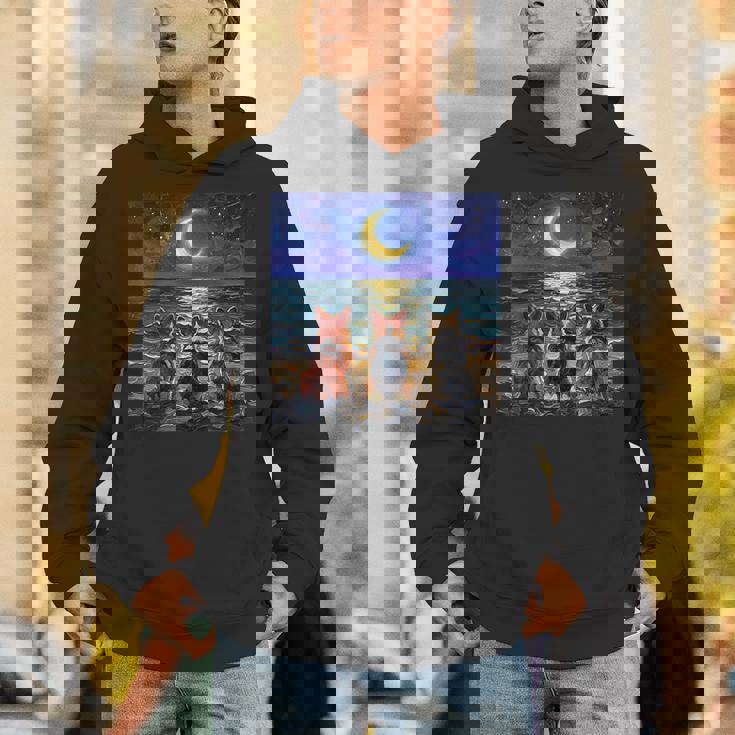 3 コーギーの夜のビーチかわいい犬と三日月のアートワーク パーカー