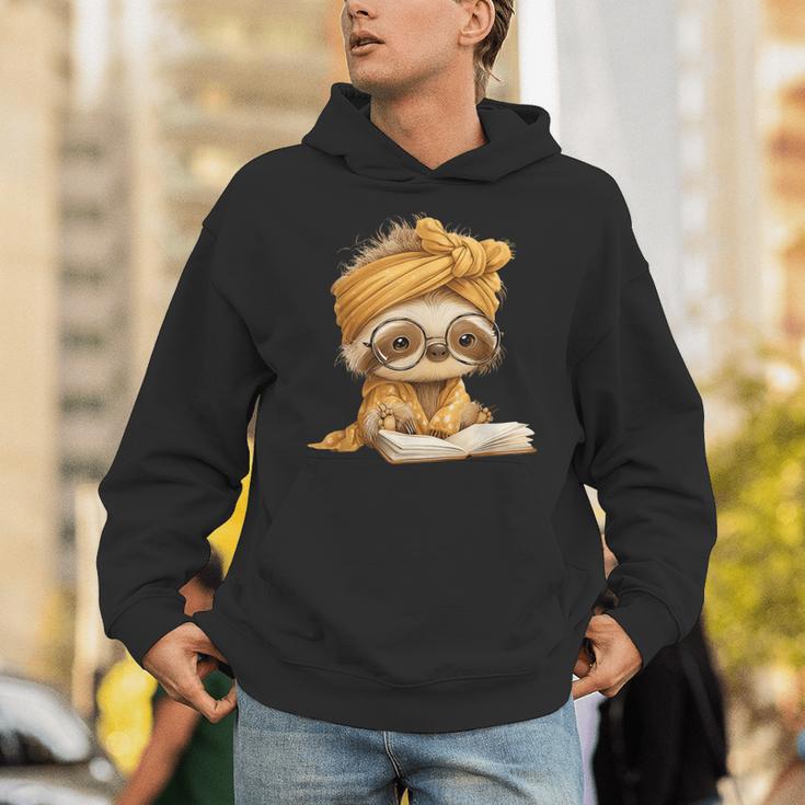 Baby Sloth Open Book Reading Animal Lover Graphic Portrait Unisex Hoodie