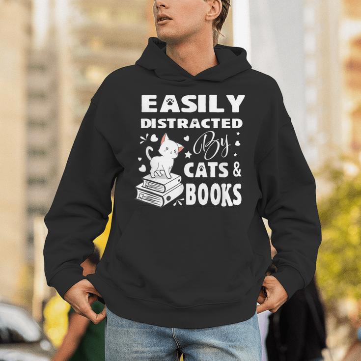 Easily Distracted By Cats And Books Books Cat Book Lover Unisex Hoodie
