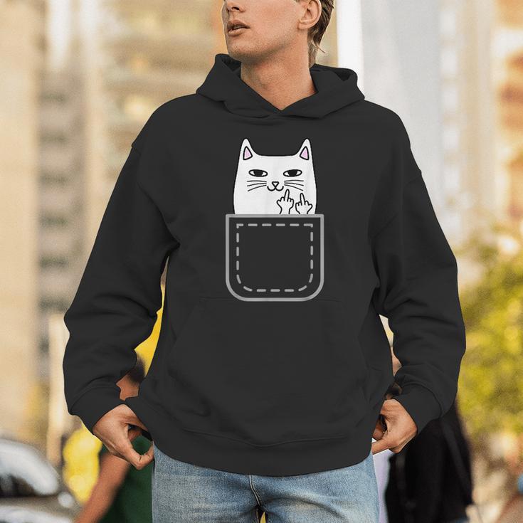 中指 猫 ポケット 面白い 漫画 猫 ホワイト プレミアム パーカー