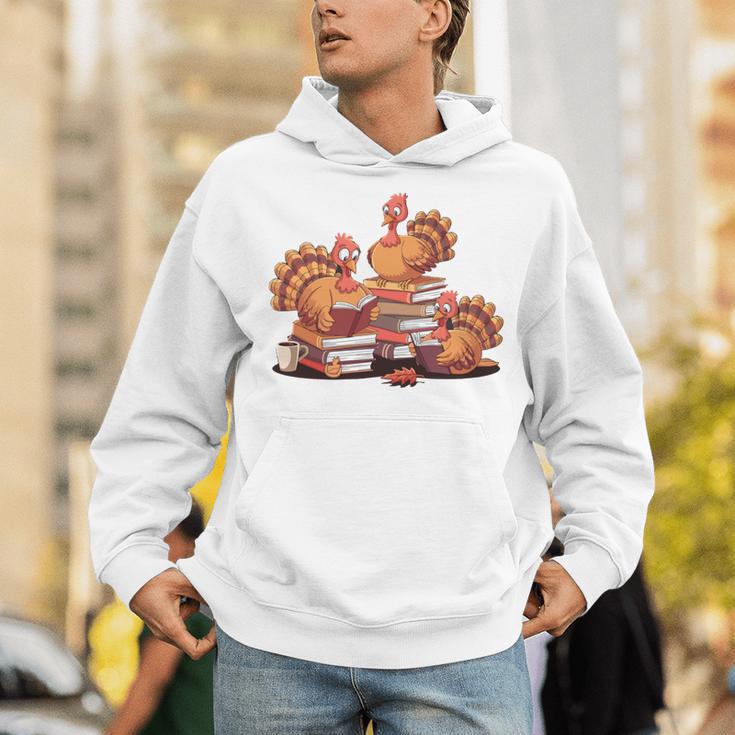 Turkey Reading Books Fall Thanksgiving Teacher Book Lovers Unisex Hoodie