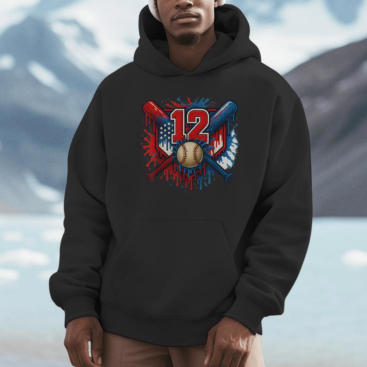 Baseball 12 Year Old Splash Drip 12th Birthday Boy Number 12 Unisex Hoodie