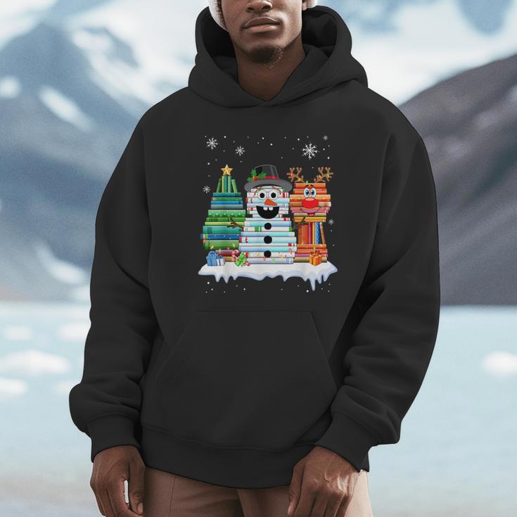 Christmas Tree Snowman Reindeer Book Stack Tee Librarian Unisex Hoodie