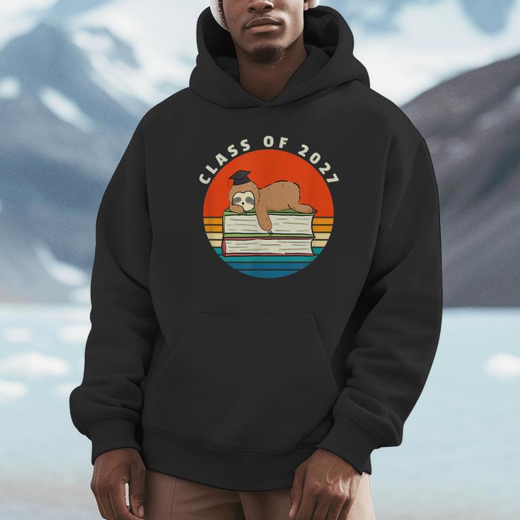 Class Of 2027 Meme Sloth Graduation Cap Sleeping On Books Unisex Hoodie
