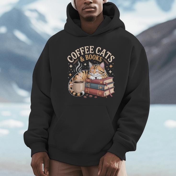 Cozy Reading Cat Coffee And Books Lover Artwork Unisex Hoodie