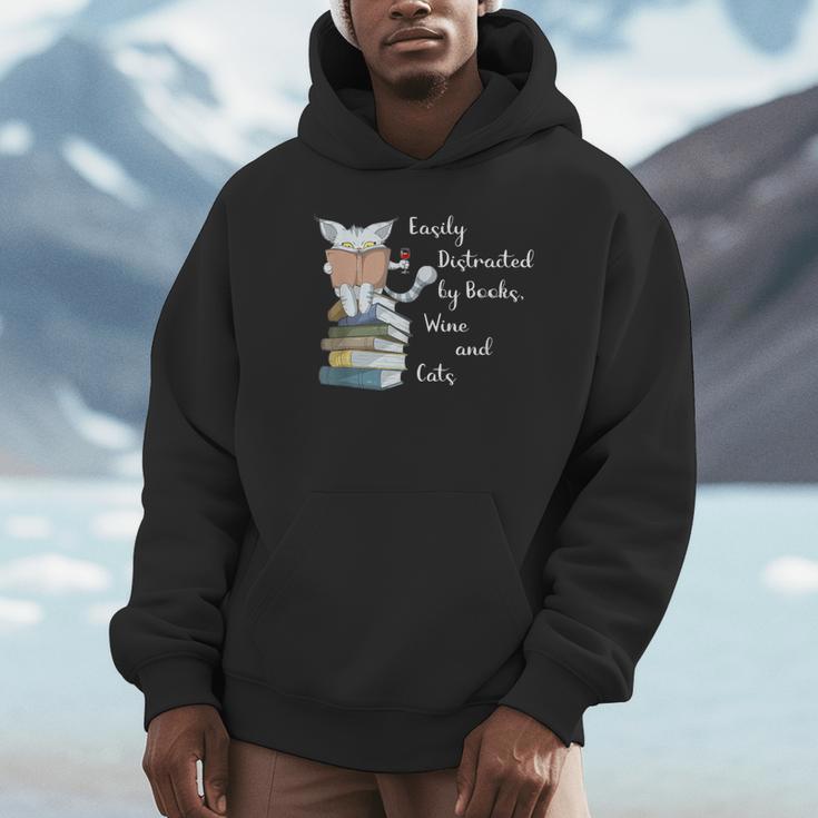 Easily Distracted By Books Wine And Cats Lover Unisex Hoodie Easily Distracted By Books Wine And Cats Lover Unisex Hoodie