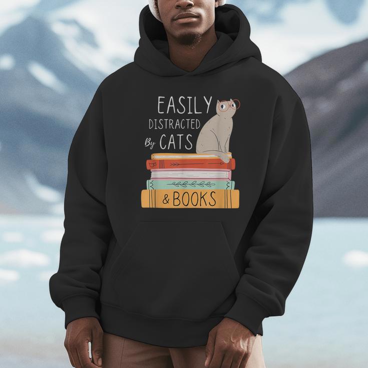 Easily Distracted Cats And Books Cat Lovers For Men Women Kids Unisex Hoodie