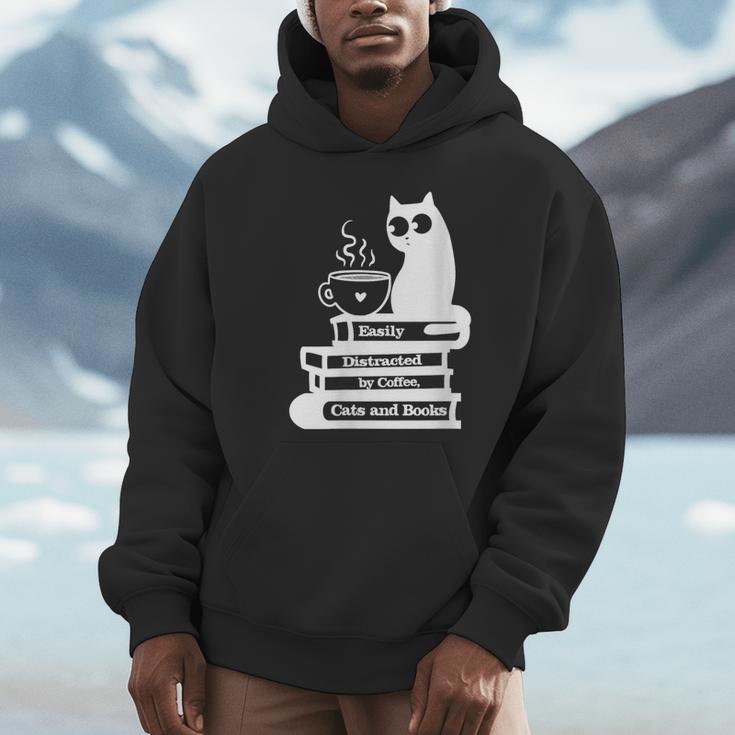 Easily Distracted Cats Coffee And Books Unisex Hoodie Easily Distracted Cats Coffee And Books Unisex Hoodie
