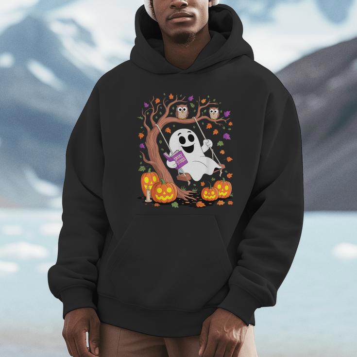 Ghost Reading Book On Swing Halloween Autumn Art Unisex Hoodie