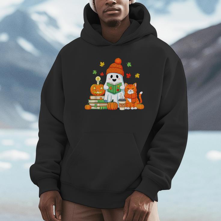 Halloween Ghost Cat Reading Book Women Girls Cute Unisex Hoodie Halloween Ghost Cat Reading Book Women Girls Cute Unisex Hoodie
