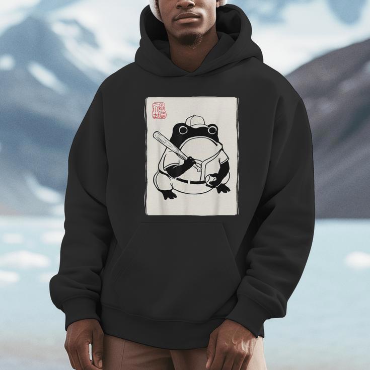 Japanese Grumpy Frog Baseball Player Baseball Unisex Hoodie