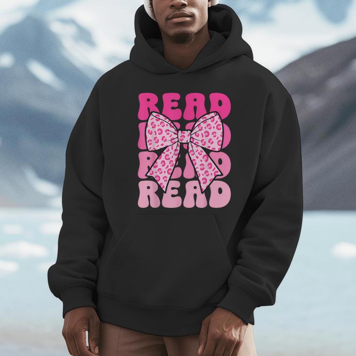 Pink Leopard Read Coquette Bow Girls Retro Groovy Reading Unisex Hoodie