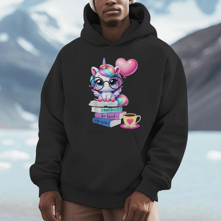 Read Books Be Kind Stay Weird Cute Unicorn Reading Librarian Unisex Hoodie