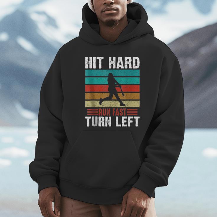 Retro Hit Hard Run Fast Turn Left Baseball Lover Unisex Hoodie