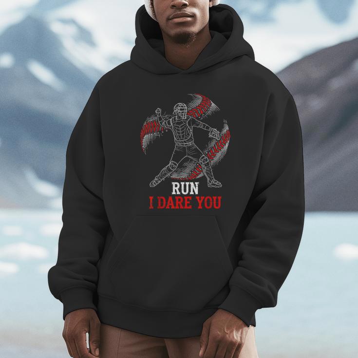 Run I Dare You Baseball Catcher Graphic Players Fans Unisex Hoodie Run I Dare You Baseball Catcher Graphic Players Fans Unisex Hoodie