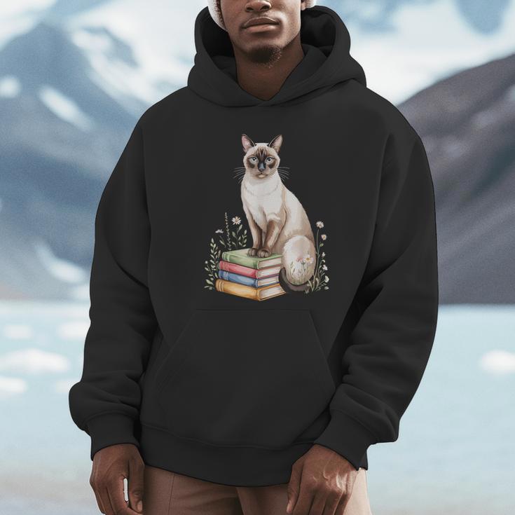 Siamese Cat Meezer Bookworm Flowers Book Reading Books Unisex Hoodie
