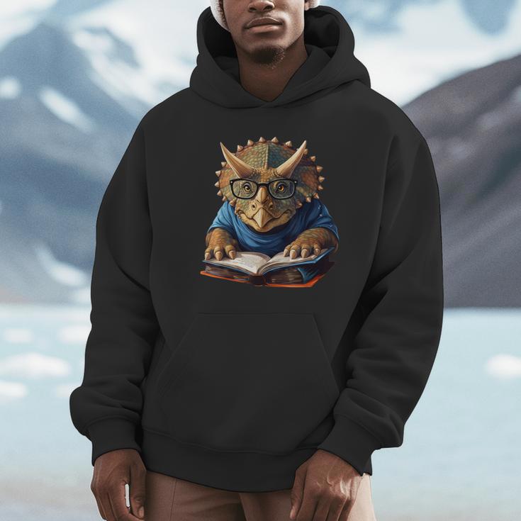 Triceratops Dinosaur Reading Book Nerd Unisex Hoodie