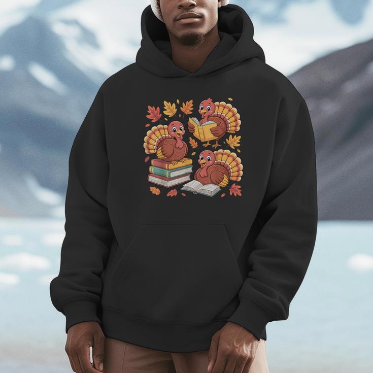 Turkey Reading Books Fall Thanksgiving Teacher Librarian Unisex Hoodie