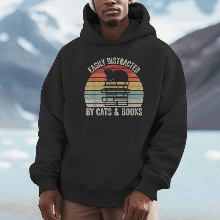 Vintage Retro Easily Distracted By Cats And Books Cat Unisex Hoodie