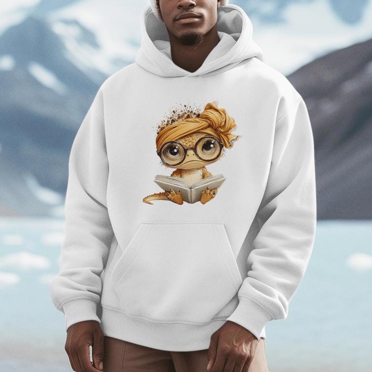 Baby Lizard Open Book Reading Reptile Graphic Portrait Round Premium Tri-Blend Unisex Hoodie