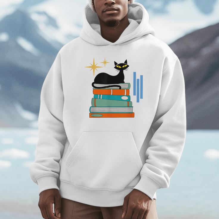 Cat And Books Retro Midcentury Mid Century Aesthetic Unisex Hoodie