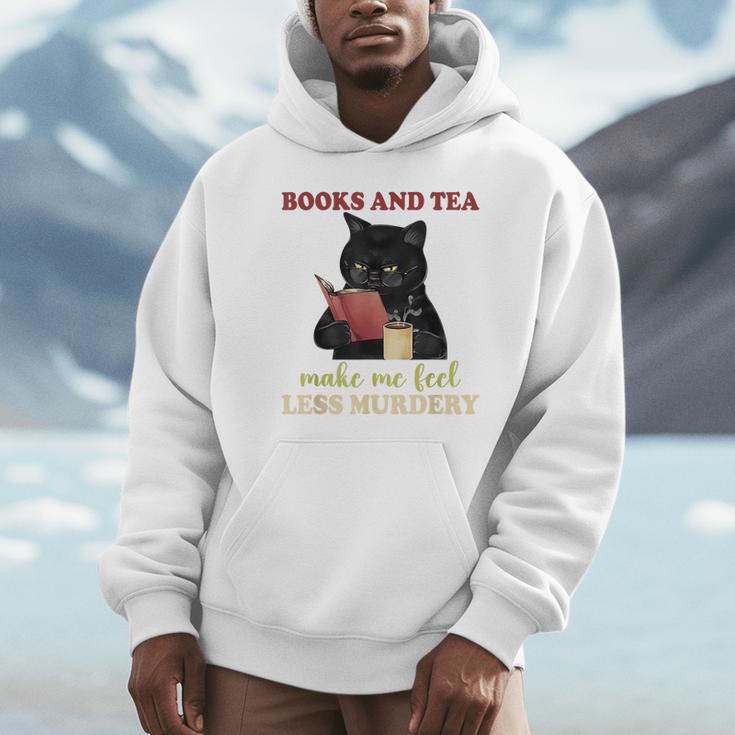 Cat Books And Tea Make Me Feel Less Murdery Quote Unisex Hoodie Cat Books And Tea Make Me Feel Less Murdery Quote Unisex Hoodie