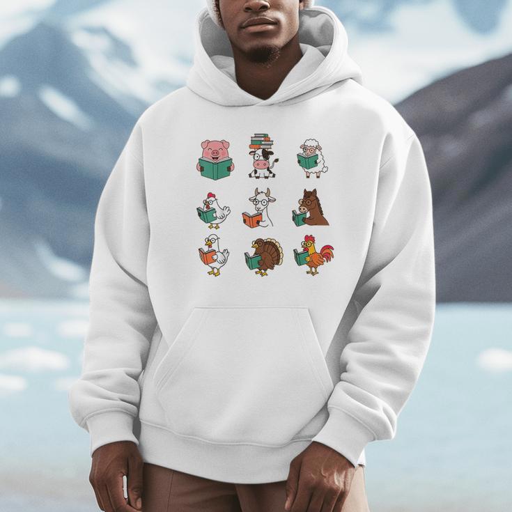 Cute Farm Animals Reading Books Teacher Library Reader Unisex Hoodie Cute Farm Animals Reading Books Teacher Library Reader Unisex Hoodie
