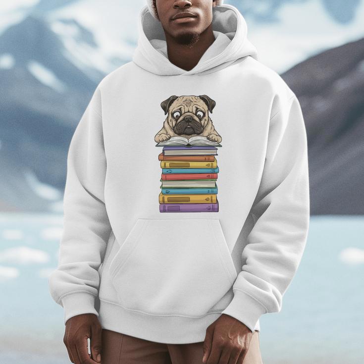 Cute Pug Dog Reading Book On Pile Of Books Unisex Hoodie