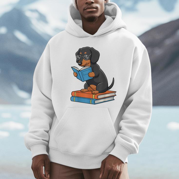 Dachshund Dog With Glasses Reading Book Librarian Unisex Hoodie