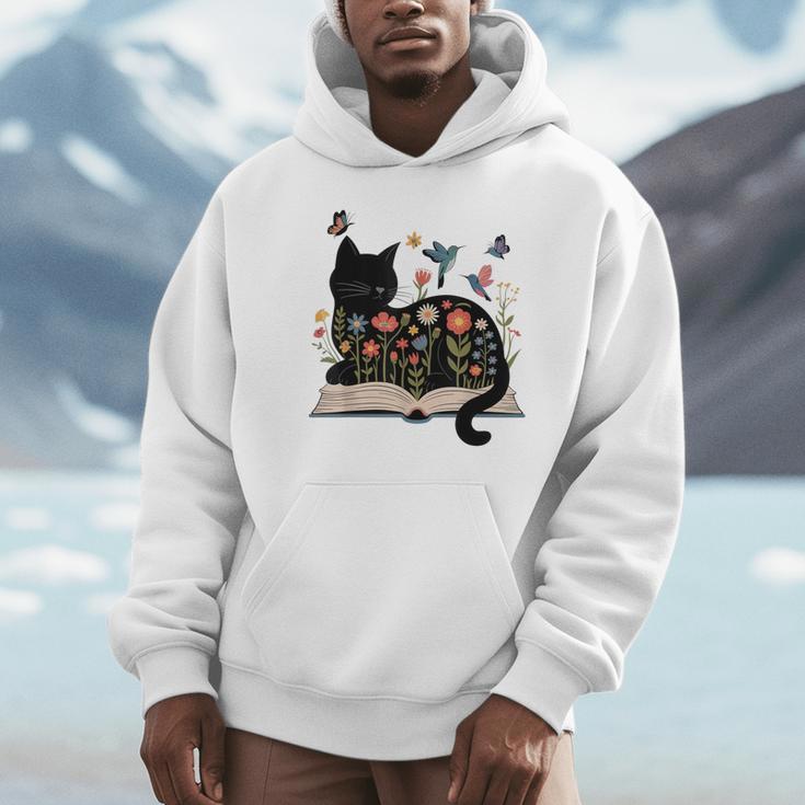 Floral Cat Reading Book Kitten Illustration Unisex Hoodie