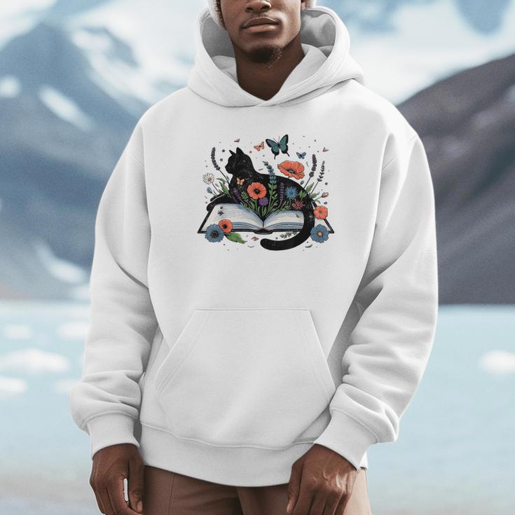 Retro Cute Cat Floral Book Librarian Vintage Floral Cat Book Unisex Hoodie