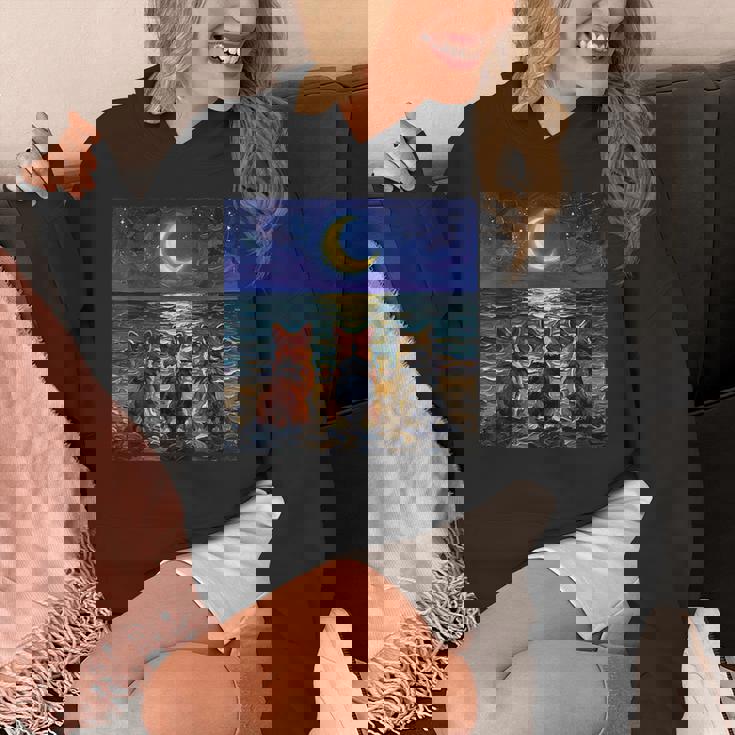 3 コーギーの夜のビーチかわいい犬と三日月のアートワーク パーカー