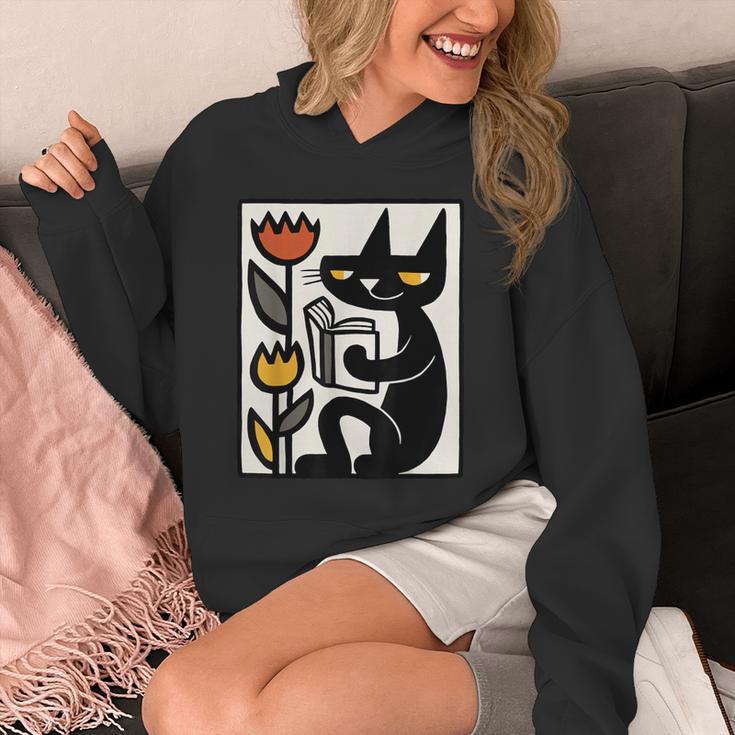 Cat Reading Book Folk Art Cozy Illustration Unisex Hoodie