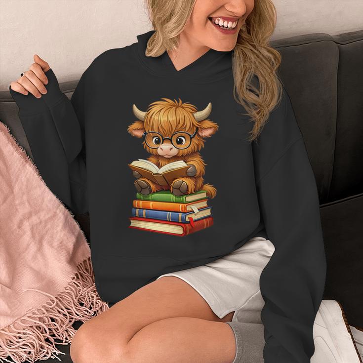 Cute Highland Cow With Glasses Reading Books Unisex Hoodie Cute Highland Cow With Glasses Reading Books Unisex Hoodie
