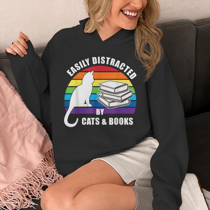 Easily Distracted By Cats And Books – Retro Sunset Rainbow Unisex Hoodie
