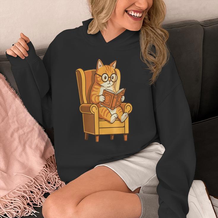 Ginger Tabby Cat Reading Book Glasses Retro Illustration Unisex Hoodie