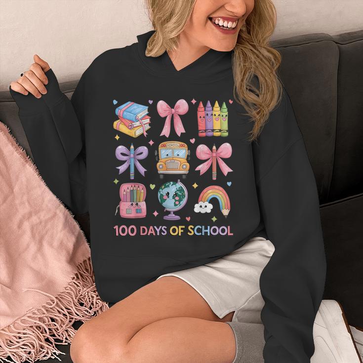 Girls 100 Days Of School Coquette Bow Pencil Bus Book Crayon Unisex Hoodie