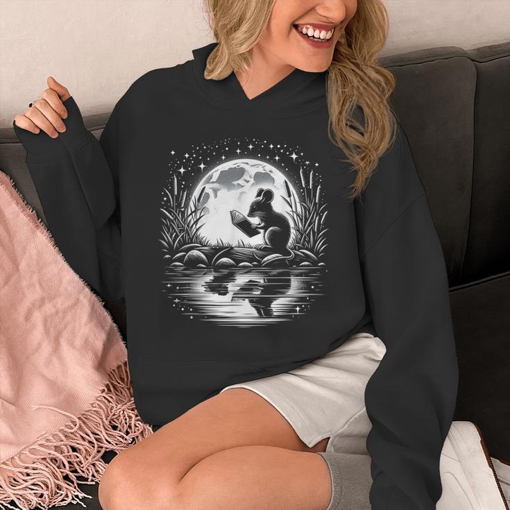 Mouse Reading Book Full Moon Lake Scenery Unisex Hoodie