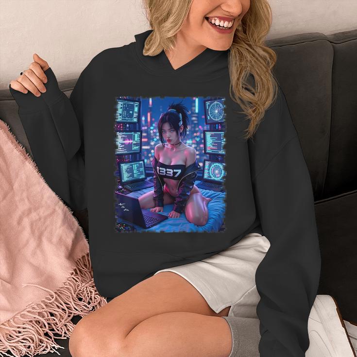 セクシーガールグラフィックtシャツ 1337 サイバーパンク ハッカーガール パーカー