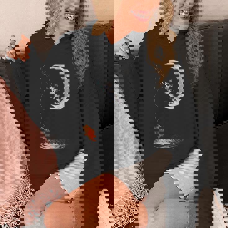 三日月で釣りをする猫 面白い猫愛好家 フィッシャー パーカー