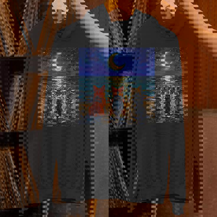 3 コーギーの夜のビーチかわいい犬と三日月のアートワーク パーカー