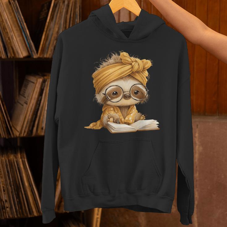 Baby Sloth Open Book Reading Animal Lover Graphic Portrait Unisex Hoodie