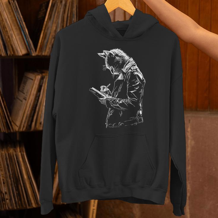 Cat Holds Book Writing Animal Print Motif Drawing Art Cat Unisex Hoodie