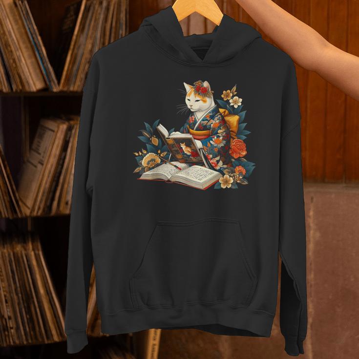 Cat Reading A Book In Traditional Japanese Clothing Kimono Unisex Hoodie