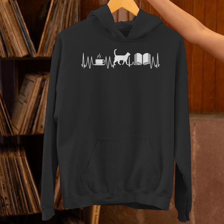 Coffee Tea Cat Book Cats Books Heartbeat Pulse Heart Men Women Kids Unisex Hoodie