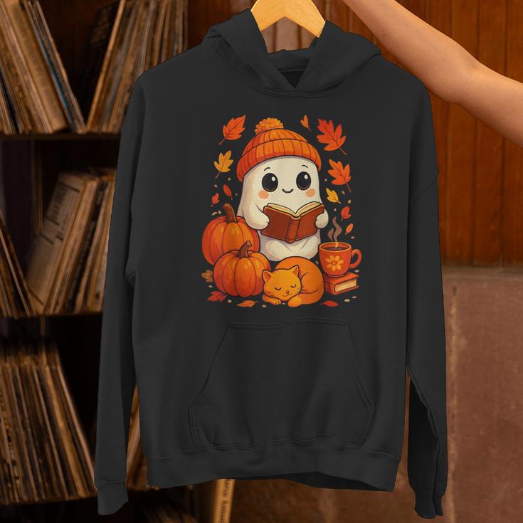Cute Ghost Reading Book Autumn Pumpkins Cat Coffee Halloween Unisex Hoodie Cute Ghost Reading Book Autumn Pumpkins Cat Coffee Halloween Unisex Hoodie