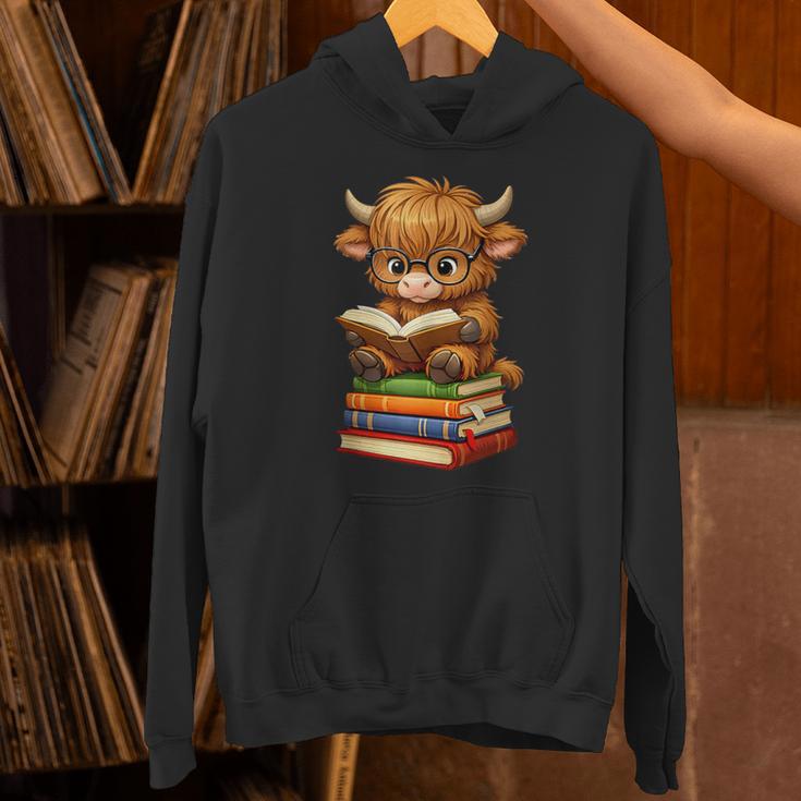 Cute Highland Cow With Glasses Reading Books Unisex Hoodie Cute Highland Cow With Glasses Reading Books Unisex Hoodie