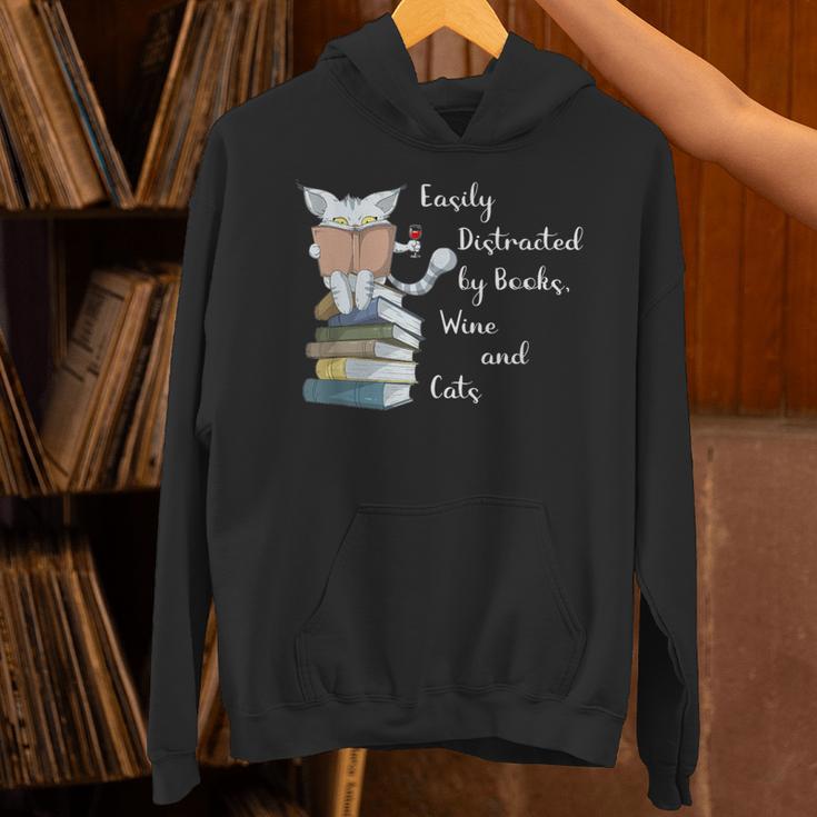 Easily Distracted By Books Wine And Cats Lover Unisex Hoodie Easily Distracted By Books Wine And Cats Lover Unisex Hoodie