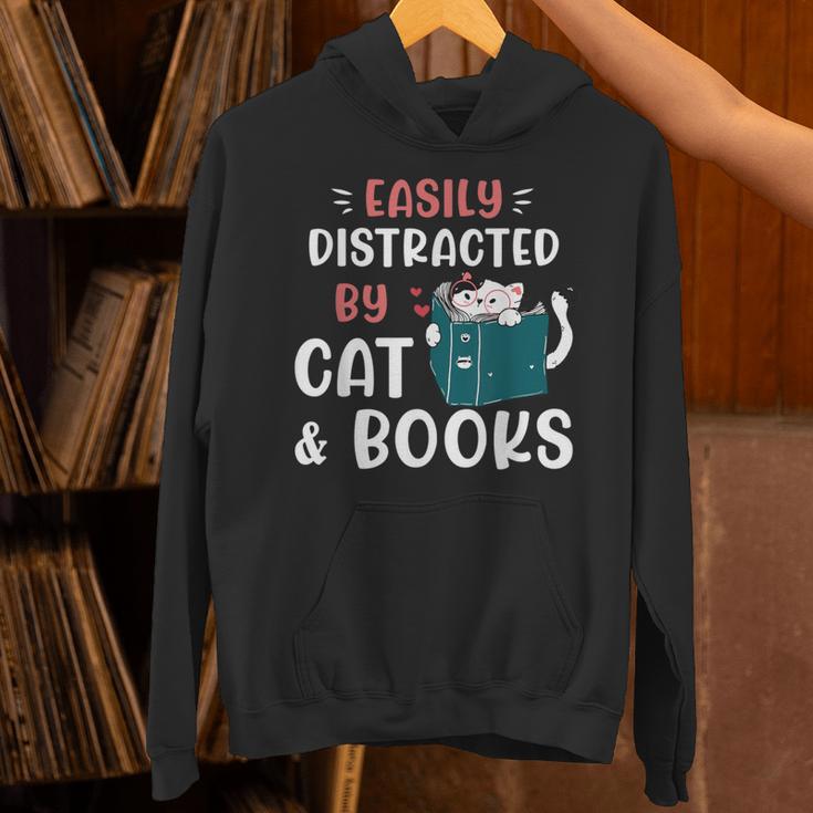 Easily Distracted By Cats And Books Cat & Book Lover For Men Women Kids Unisex Hoodie