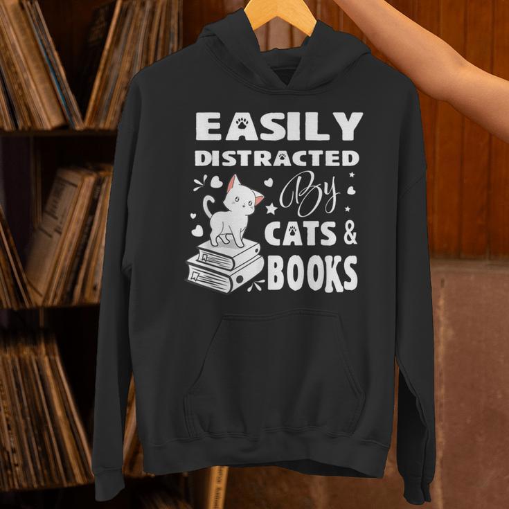 Easily Distracted By Cats And Books Books Cat Book Lover Unisex Hoodie